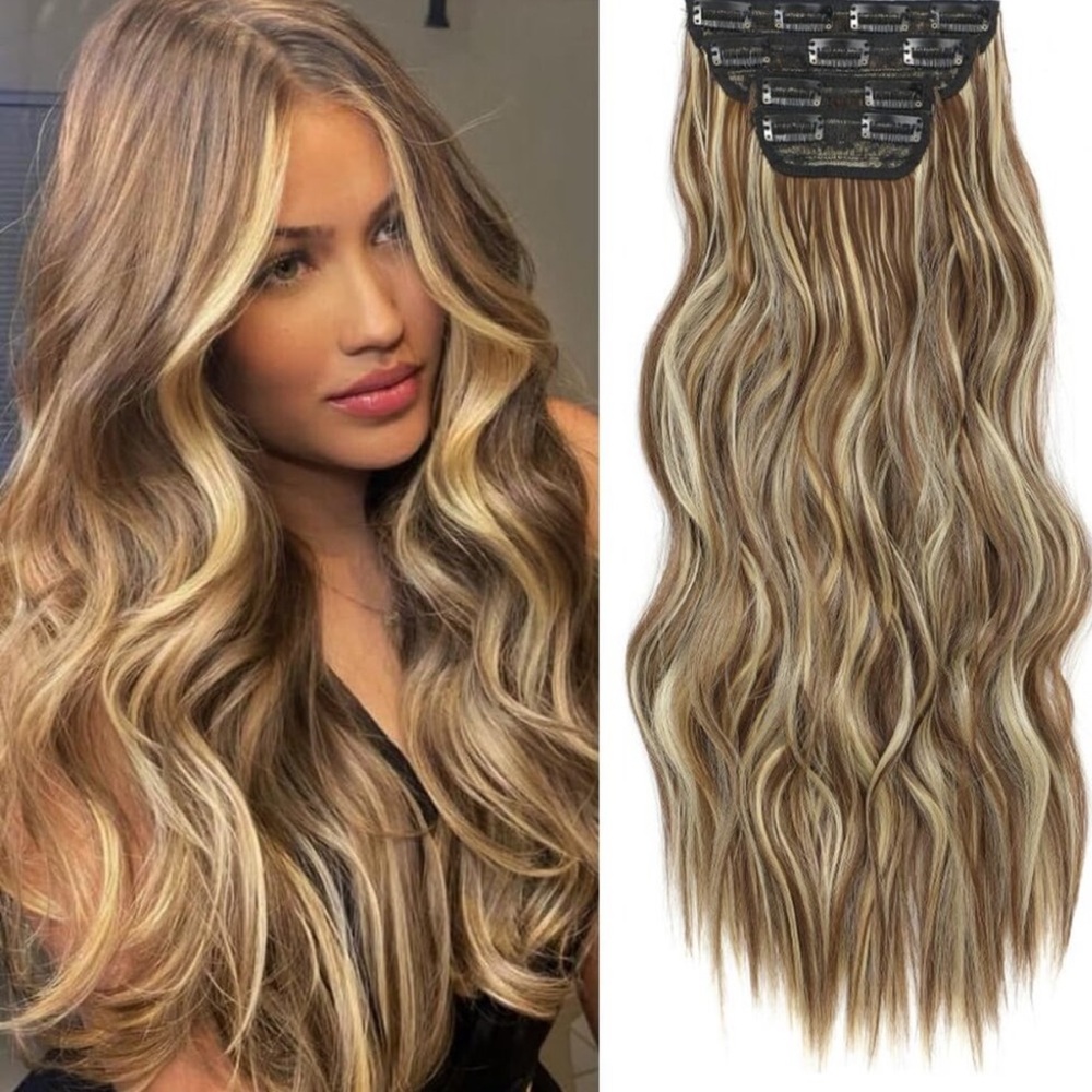 New Clip-in Hair Extensions 4PCS Medium Brown Highlighted Blonde Long Wavy